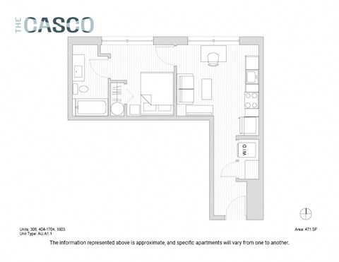Floor plan for 1 bed, 1 bath, 471 sqft